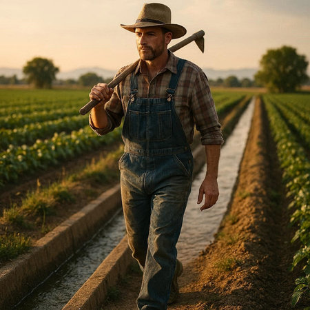 Farmer standing with a shovel in his hand on the field.の写真素材