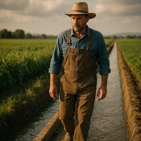Farmer standing in the middle of a canal and looking at the cameraの写真素材