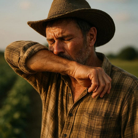 Mature farmer standing in his field and touching his head with his handの写真素材