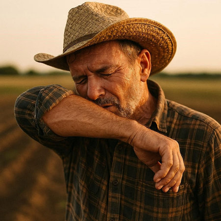 Portrait of a senior farmer standing in the field at sunset.