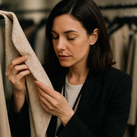 Portrait of a beautiful young woman in a black jacket in a clothing store