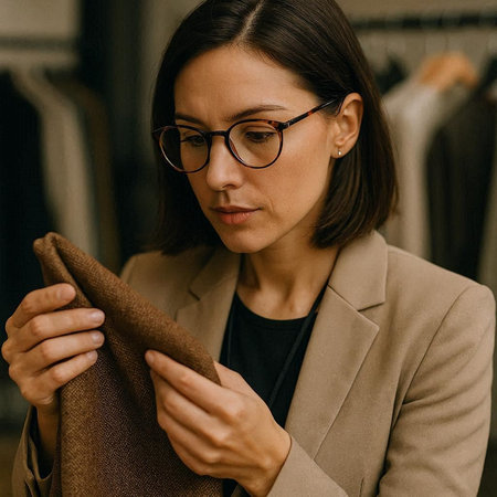 Stylish businesswoman in eyeglasses and coat looking at cameraの写真素材