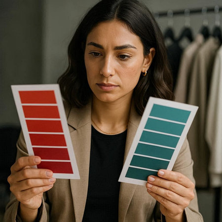 selective focus of young businesswoman holding color swatches in office
