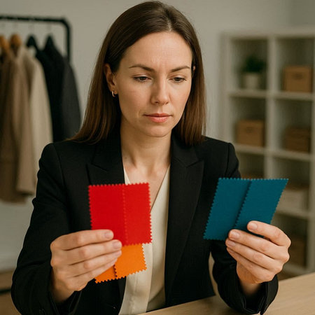 businesswoman holding business cards and looking at camera at workplace in officeの写真素材