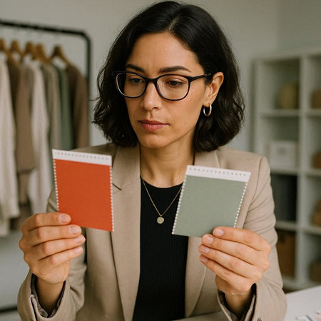 beautiful asian fashion designer in eyeglasses holding notebooks in officeの写真素材