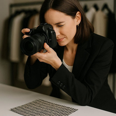 Professional photographer taking picture with dslr camera. Young woman in black jacket and white...
