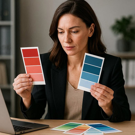 Image of concentrated caucasian businesswoman in eyeglasses holding color swatches while working in...