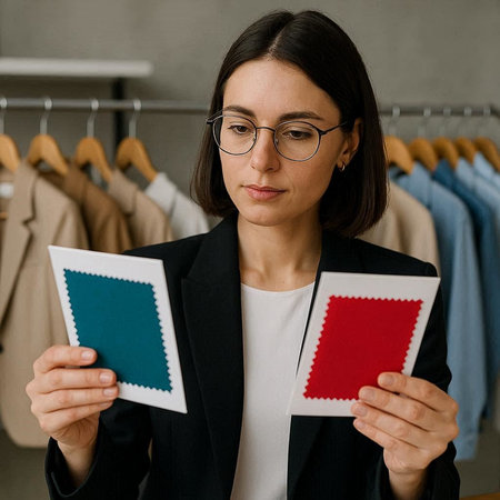 Portrait of a young fashion designer in eyeglasses holding blank photo frames in her office