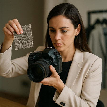 Female photographer holding a camera and a blank card in her hands.の写真素材