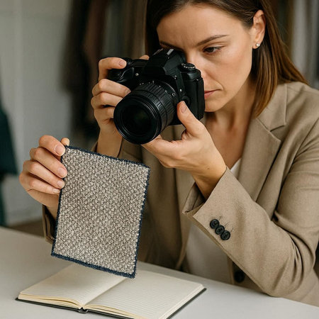 Close-up portrait of a young woman photographer with a camera and a notebook.の写真素材