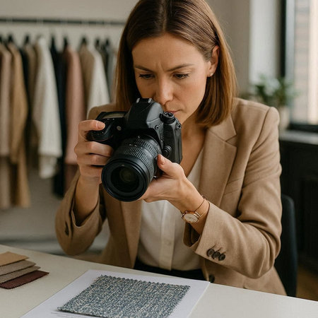 selective focus of woman in beige jacket looking at digital camera
