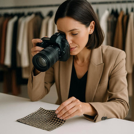 selective focus of woman taking photo with digital camera in clothing storeの写真素材
