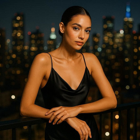 Portrait of a beautiful young woman in a black dress against the background of the night cityの写真素材