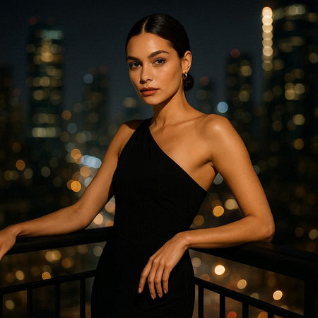 Portrait of a beautiful woman in evening dress against the backdrop of the night cityの写真素材