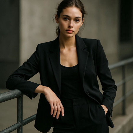 Portrait of a beautiful young brunette woman in a black coat.の写真素材
