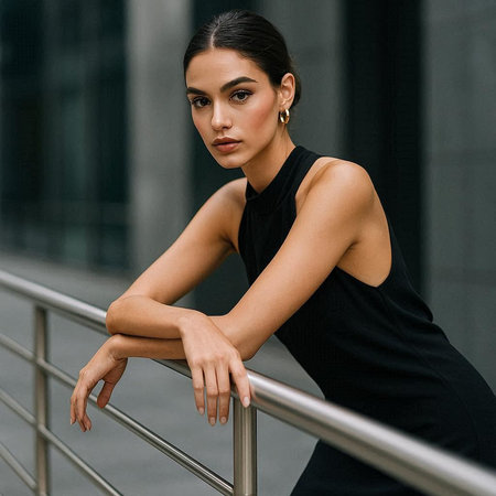 Portrait of a beautiful young woman in a black dress on the street