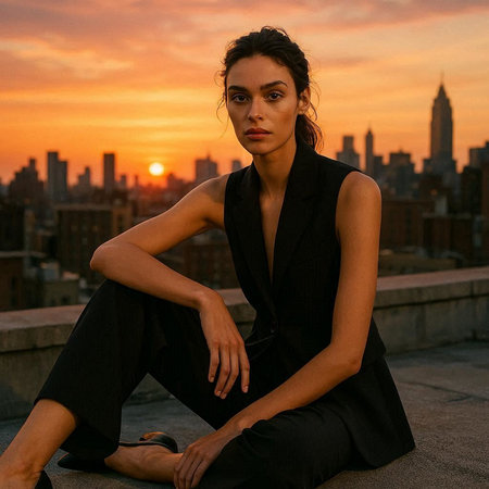 Beautiful brunette woman in a black suit sitting on the roof of a skyscraper in New York City at sunset.の写真素材