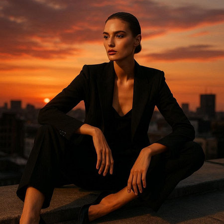 Fashionable young woman in a black suit on the background of the sunset.の写真素材