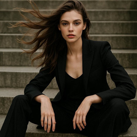 Portrait of a beautiful young brunette woman in a black suit.の写真素材