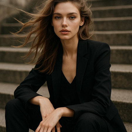 fashion outdoor photo of beautiful woman with dark hair in elegant clothes posing in the city