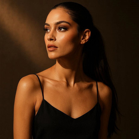 Portrait of a beautiful young brunette woman in black dress.