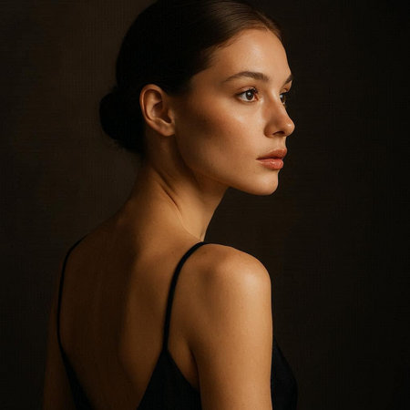 Portrait of a beautiful young woman in a black dress on a dark background