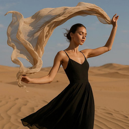 Beautiful young woman in a long black dress in the desert.の写真素材