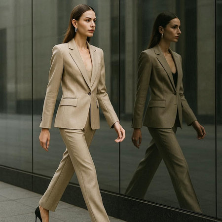 Fashionable business women in suits walking in the city. Business style.