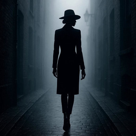 Silhouette of a woman wearing a hat and coat walking in a dark alley.