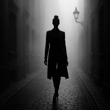 Silhouette of a woman walking in a foggy street.