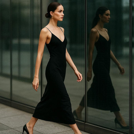 Portrait of a beautiful young woman in black dress walking in the city