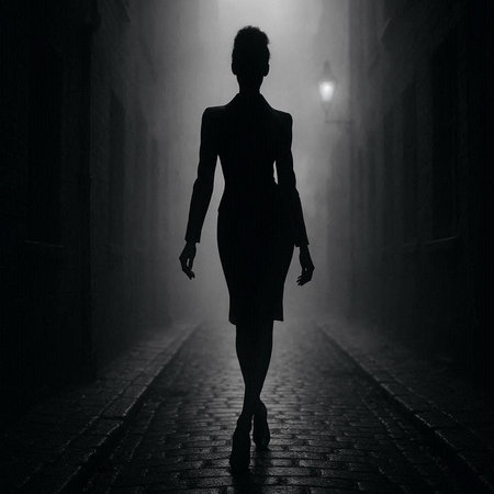 Silhouette of a woman walking in a dark alley at nightの写真素材