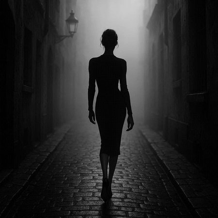 Silhouette of a woman walking in a dark alley in a foggy nightの写真素材