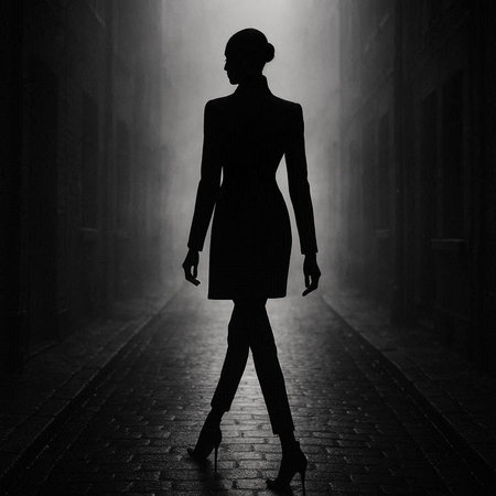 Silhouette of a woman in a dark street at night.の写真素材