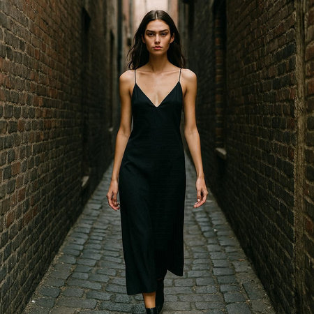 Outdoor fashion portrait of young beautiful brunette woman in black dress.