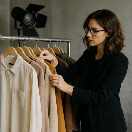 Fashionable young woman in a black jacket and glasses chooses clothes in a wardrobe.