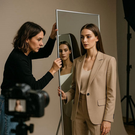 Fashion blogger recording video for her blog about cosmetics. Young beautiful woman in beige suit...