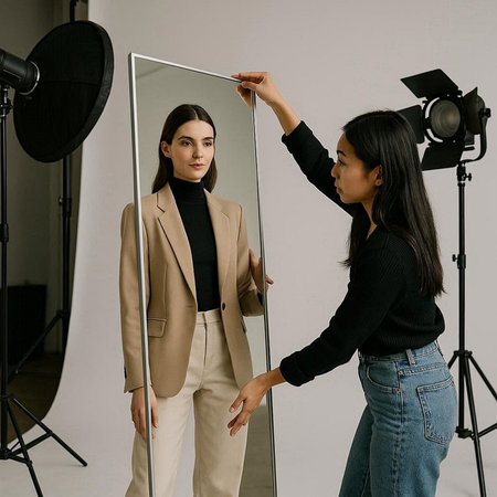 attractive female vlogger looking at camera near mirror in studio