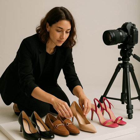 Female fashion blogger checking shoes on a white background in the studio.