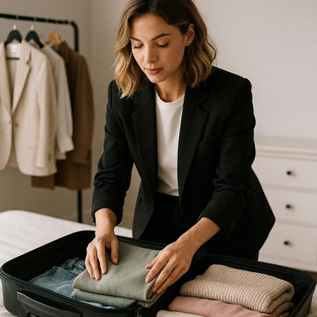 Image of young caucasian businesswoman packing clothes in suitcase at home.
