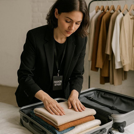 Young woman packing suitcases for vacation in hotel room. Travel and tourism concept.の写真素材