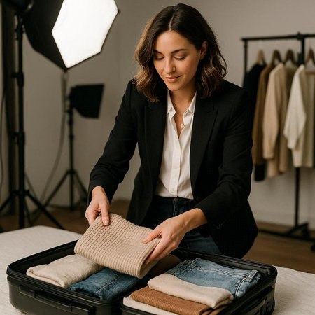attractive young woman packing clothes in suitcase at modern fashion showroomの写真素材