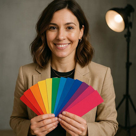 Portrait of a smiling businesswoman holding a color chart in her handsの写真素材