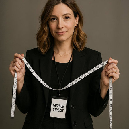 A young woman in a black suit holds a measuring tape with the inscription.