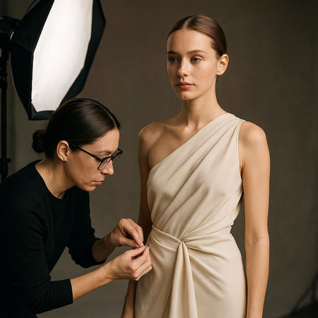 Female fashion model posing in studio with professional equipment. Beautiful female model in beige...