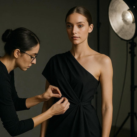 beautiful young woman in black dress looking at camera while stylist adjusting necktie