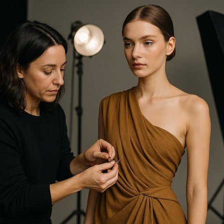 beautiful young woman in evening dress looking at makeup artist in studio