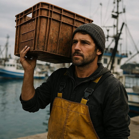 Portrait of a fisherman with a fishing boat in the background.