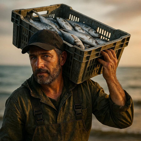 Fisherman holding a crate of freshly caught fish on the beach