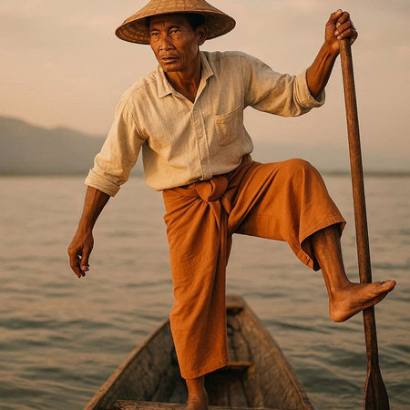 Vietnamese man in traditional clothes on boat in Mekong Delta, Vietnam
